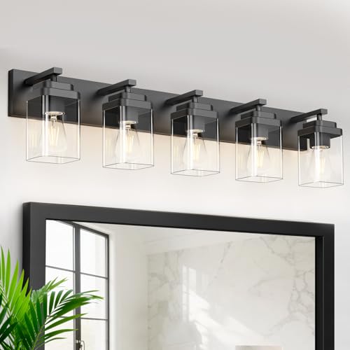 Image of Black Bathroom Light Fixtures, 5 Lights Bathroom Lighting Fixtures Over Mirror, Square Design & Rectangle Large Backplate, Modern Vanity Lighting Fixtures, for Bathroom /Living Room /Bedroom