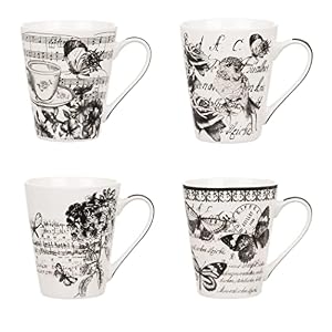 Invero Set of 4 Kitchen Vintage Printed Design Stoneware Mugs Cups 10.5oz – Ideal for Tea, Coffee, Latte, Hot Chocolate, Gifts and More