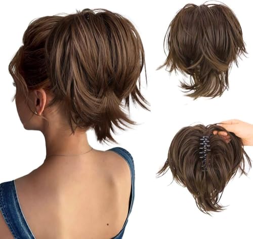 RPAEOY Coda Capelli Extension Sintetica Finta di Cavallo Posticci Artiglio Clip in Naturale Estensione Micro Ondulato Cavallo Dritta Corta e Disordinati Bun Extension per Donna (Marrone Chiaro)