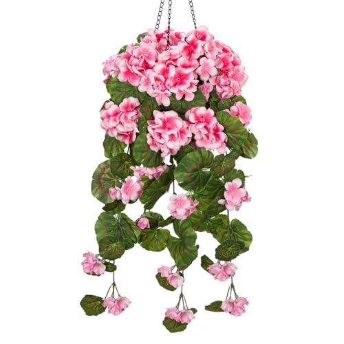 Briful Artificial Hanging Basket for Outdoor, Pink Geraniums Fake Hanging Flowers Realistic Silk Flowers & Greenery Faux Hanging Baskets for Indoor Patio Balcony Ceiling