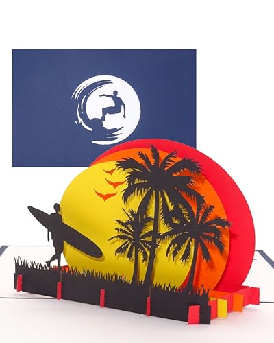 Pop Up Karte „Surfer - Sunset Beach“ 3D Geburtstagskarte, Einladung, Geschenk Surfen & Gutschein für Urlaub, Reise, Surfkurs oder Surfbrett