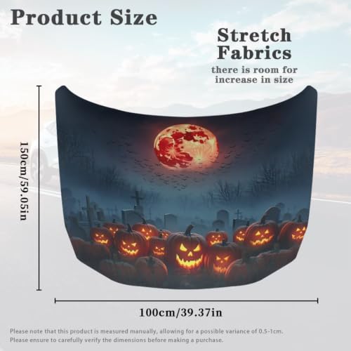 Image of Fire Moon Pumpkins Car Hood Cover Slip-On Washable Elastic Weatherproof Fabric Elastic Band Fixation Fits Most Cars