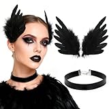 MWOOT Schwarze Federhaarspange für Damen, Federhaarschmuck, Engelsflügel Federn Haaraccessoires mit Leder Halskette für Halloween Dekoration, Krähenkostüm, Karneval, Cosplay Party
