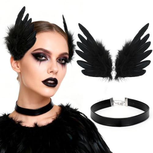 MWOOT Fermaglio per Capelli con Piume Nera , Copricapo in Piuma per Donne, Accessori per Capelli in Piume d'ali d'angelo con Collarino Choker per Halloween, Costumi da Carnevale, Festa di Cosplay