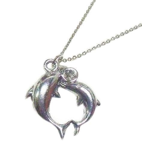 Collier Avec Pendentif Mixte - Dauphins Amoureux - Argenté - Chaîne en Acier 45 cm