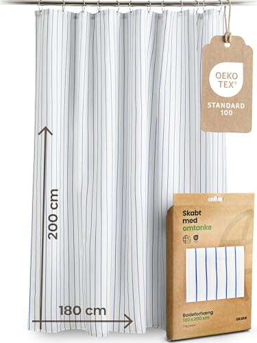 Skabt med Omtanke Duschvorhang Loja Blau Weiß 180 x 200 cm | Oeko-TEX® Standard 100 Zertifiziert & 50% recyceltes Polyester | Gestreifter Textil Badvorhang 170 GSM für modernes Bad