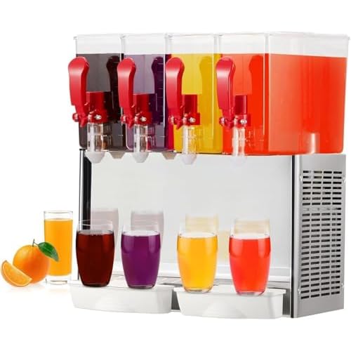 4-Tank 40 L Refrigerated Beverage Dispenser with Mixer | Stainless Steel Drink System w/Thermostat & Ice Storage | 380W Cooling System​ 4-Tanka 40L