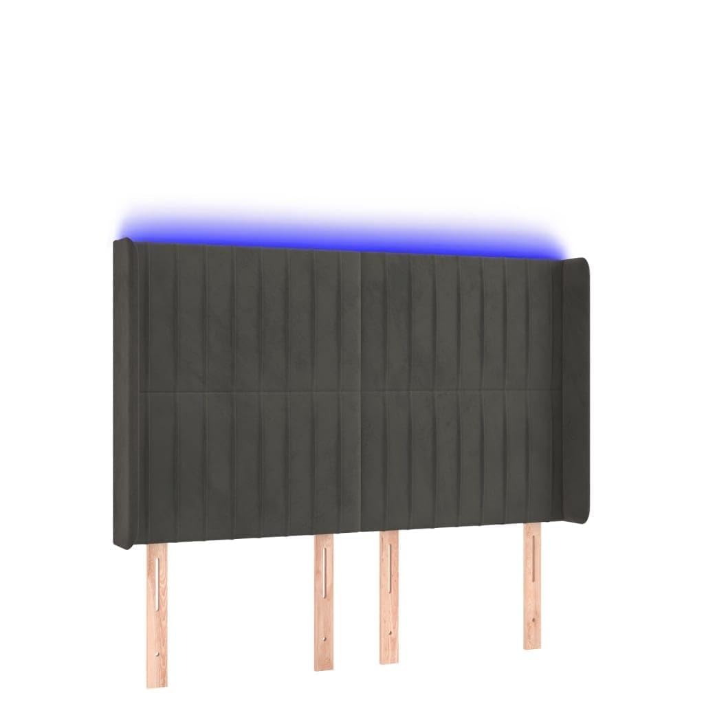 Cabecero LED de terciopelo, 147 x 16 x 118/128 cm, color gris oscuro, altura ajustable con tira RGB enchufable y alerce macizo para dormitorio, habitación juvenil, habitación de invitados