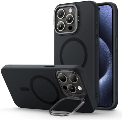 ESR for iPhone 15 Pro Max Case, MagSafe Silicone Case with Stand, Military-Grade Protection, Built-in Camera Stash Stand, Magnetic Phone Case for iPhone 15 Pro Max, Cloud Series, Black