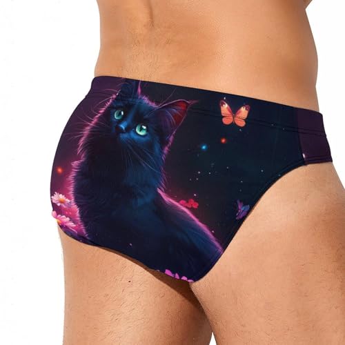 Black Cat Daisy Butterflies Mens Swim Briefs Quick Dry Swim Trunk Bikini Underwear Swimsuit3