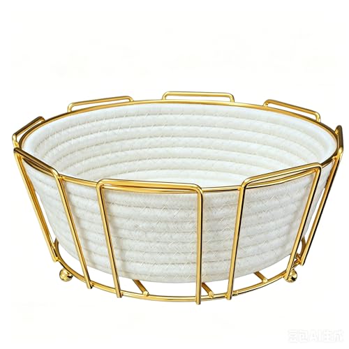 MOZESTMO Gold Metal Woven Round Blanket Basket, Decorative Shelf Storage