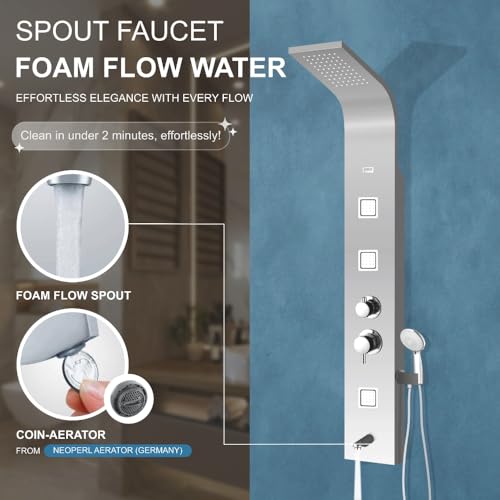 Image of JAAZ | Imperial Steel Matte Shower Panel Tower System | 3 Body Jets, Tub Spout & Hand Shower with 3 Modes | Adjustable Knobs | Bathroom Shower Set