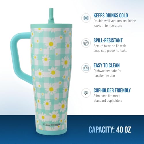 Image of Ice Shaker 40 oz Tumbler with Handle and Straw | 40oz Daisy| Cold for 30+ Hours | 2-in-1 Tumbler Shaker Bottle | Odor-Free 40 ounce Bottle for Water, Protein Shakes, Smoothies, Cocktails