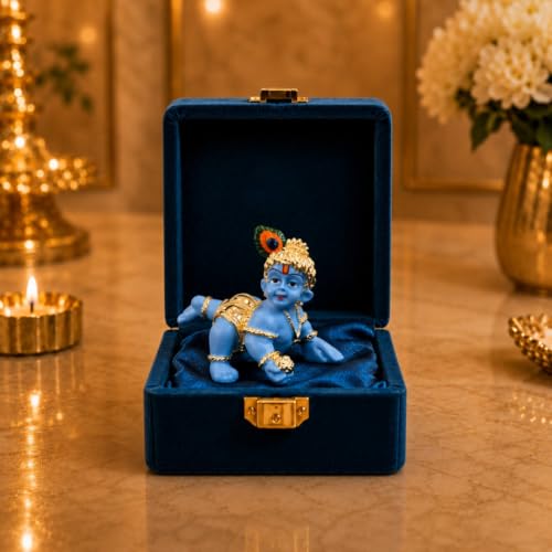 Image of Gold Art India 24K Gold Plated Blue Terracotta Laddu Gopal Idol (2.5 Inch) with Premium Velvet Gift Box | Makhan Chor Bal Krishna Murti for Home Temple, Car Dashboard, Office Desk & Spiritual Gift