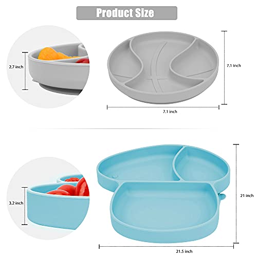 Baby Plate Bowl - Silicone Mini Mat - Super Suction Placemat Bowl With 2 Spoons For Self Feeding, 100% Safe Silicone, Dishwasher And Microwave Safe (Blue & Grey) #TOP3