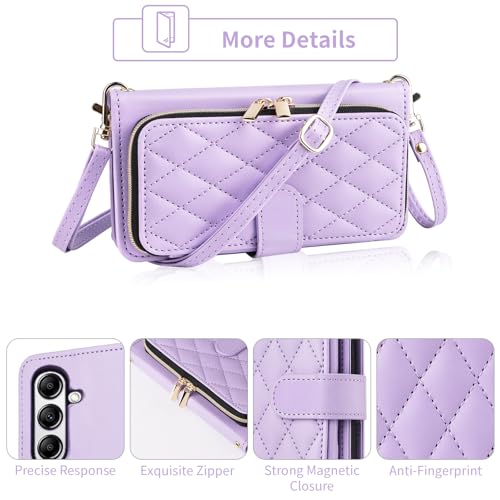 ELISORLI Argyle Wallet Case for Samsung Galaxy A24 4G/A25 5G/M34 /F34 with Wrist Strap Shoulder Strap, 9+ Card Slots Zipper Purse, PU Leather Stand Checkered Phone Cover for A 25 24A 25A LTE Purple by ELISORLI - Image 3