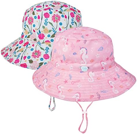 LO SHOKIM Baby Sun Hat 2 Pack Toddler UPF 50+ Summer Sun Protection Wide Brim Bucket Hat Baby Girl Beach Hat Boy Kids Adjustable Cap Summer (Pink Seahorse + Red Rose, M)
