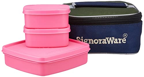 Signoraware Plastic Hot ‘N’ Cute Lunch Box With Insulated Bag, 3-Pieces, Pink