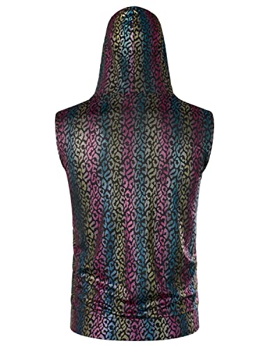 Image of ZEROYAA Mens 70s Metallic Sleeveless Hooded Vest T Shirt | Shiny, Disco, Sparkle, Party, Dance, NightClub, Halloween, Cosplay, Hipster, Kangaroo Pocket, Zip Up