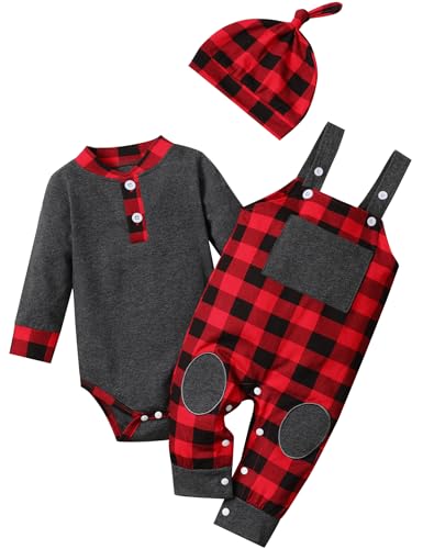 Image of Sislerew Baby Boy Outfits Stripe Print Romper Top and Baby Overalls with Hat Baby Boy Clothes Fall Winter