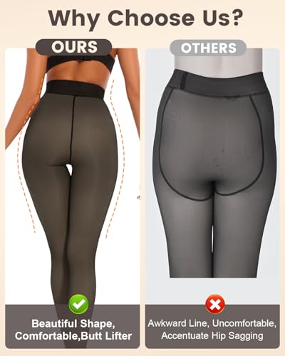 Fleece Lined Sheer Tights Women, Black Skin Translucent Leggings Thermal Pantyhose Warm Stockings Tall2