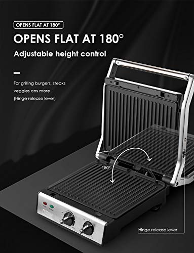 DEIK Panini Press, 6-in-1 Smokeless Indoor Grill with Timer and Temperature Control, 4 Non-Stick Removable Plates, Opens 180 Degrees for Panini, Grilled Meat, Steaks