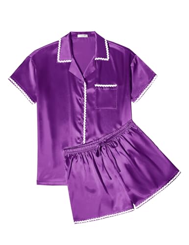 Image of Ekouaer Womens Silk Pajama Sets 2 Piece Satin Pj Set Button Down Shirt and Shorts Lounge Sets Classic with Pockets