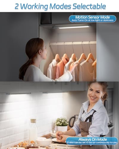 Image of HIBOITEC Under Cabinet Lighting Rechargeable Closet Lights Wireless Motion Sensor Light Indoor, 50 LED Dimmable Magnetic Under Counter Light for Kitchen, Pantry, 2 Pack, Cool White Light, 10 inch