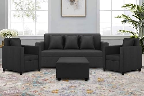 Image of 3+1+1 Seater Sofa Set with Ottoman -Modern Velvet Fabric Sofa Set for Living Room, Deep Seating Comfort with Cushions (Black)