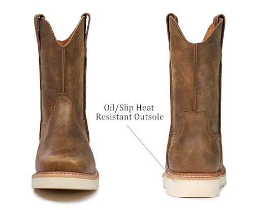 Image of SUREWAY Western Boots - Men's Square Toe Work Boot,Pull On Leather Wellington Boots,Durable Classic Slip Resistant Soft Toe Cowboy Boot