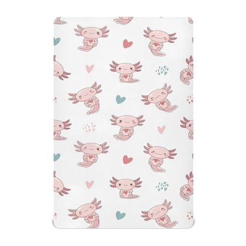 Image of Axolotl Hearts White Fitted Crib Sheet for Boys Girls Baby Pack N Play Sheets for Pack N Play Mattress Pad,52 X 28 in