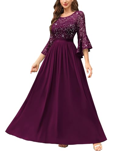 Image of Miusol Women's Formal Sparkle Sequin Lace Bell Sleeve Evening Party Maxi Dress