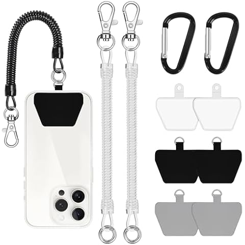 Doormoon Black and Clear Phone Lanyard Tether with 6 Patch, Cell Phone Lanyard with 3* Phone Tether, 6* Patch, 2* Carabiner for Outdoor Hiking Climbing Cover