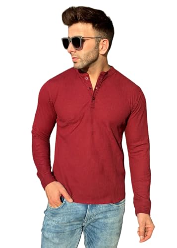 Image of GRITSTONES Men Self Waffle Knit Henley T-Shirt (GSHN-2H-01-BLK S)