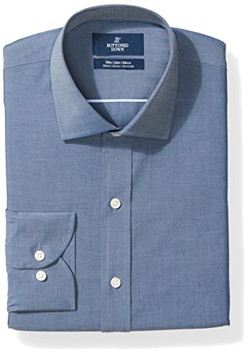 Amazon Brand - Buttoned Down Men's Slim Fit Stretch Poplin Non-Iron Dress Shirt, Denim Blue, 16.5