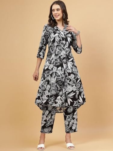 Image of Women's Cotton Kurta with Trousers Set, Floral Print, Regular Fit