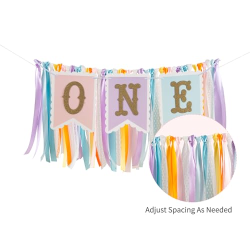 Image of Rainbow High Chair Banner for 1st Birthday - Macaron Color inchONE inch Garland with Tulle for Baby Girl Smash Cake Photo, First Birthday Party Decorations