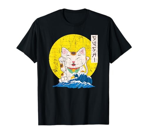 Maneki Neko Lucky Cats Japonés Kawaii Wave Anime Camiseta