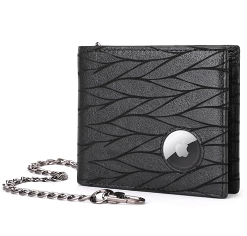 BULLCAPTAIN Slim Genuine Leather Mens Wallets with 2 ID Windows 10 Credit Card Slots Bifold RFID Blocking Wallets for Men With AirTag Holder and Chain T01 (Black)