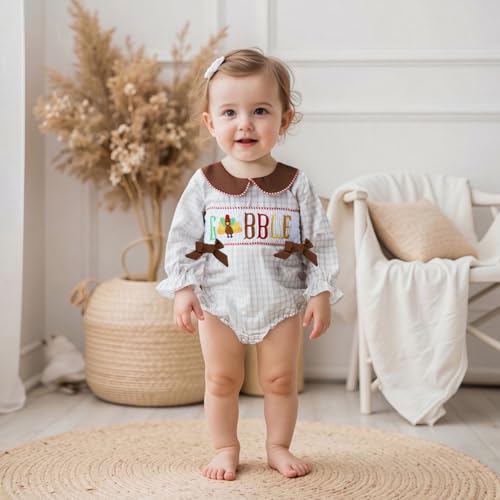 Infant Newborn Baby Girl Thanksgiving Outfit Turkey Gobble Smocked Bubble Romper Long Sleeve Plaid Bodysuit Clothes2