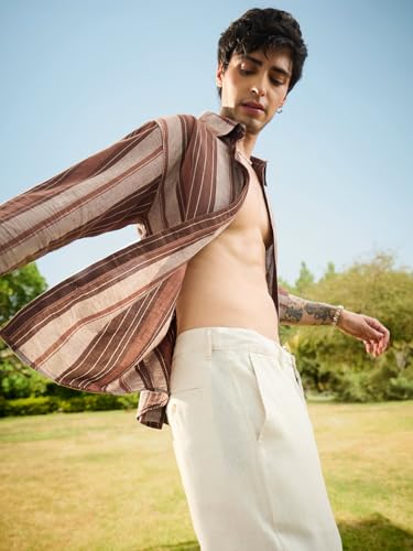 Image of The Souled Store Cotton Linen Stripes: Latte Men and Boys Long Sleeve Spread Collar Brown Striped Casual Easy to Style Everday Office Wear Cotton Linen Shirt