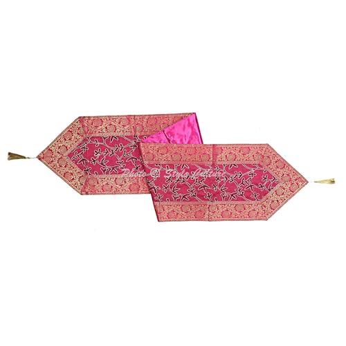 Image of Ari Zari Embroidered Table Runner Indian Decorative 6 Feet Magenta & Purple Banarsi Brocade Satin Ethnic Long Runner Up with Tassels Living Room Tablecloth