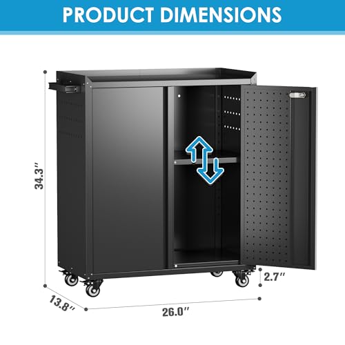 SUXXAN Metal Storage Cabinet with Wheels, Rolling Storage Cabinet with 2 Doors and Adjustable Shelves, Pegboard and 4 Hooks, Suitable for Garage, Home, Office, School, Black