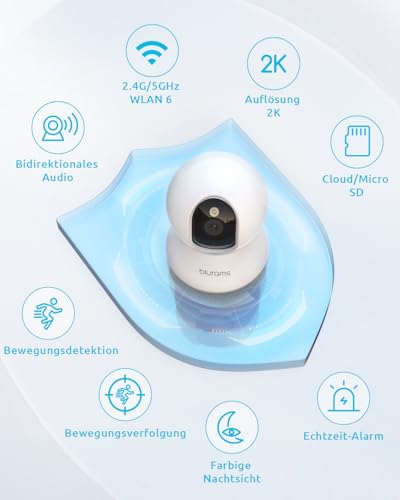 blurams 2K WLAN Kamera überwachung innen 360° Drehung Baby Monitor & Haustierüberwachung, Vollfarb-Nachtvision, Zweiweg-Audio, Menschenerkennung, 2.4G/5G WiFi 6, Kompatibel Mit Alexa