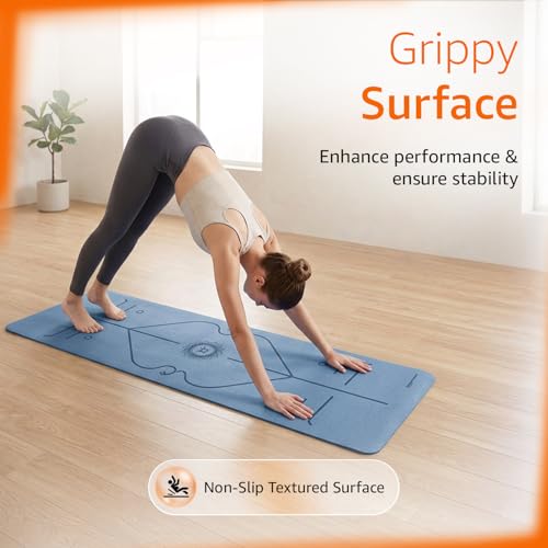 Image of Amazon Basics TPE Yoga & Exercise Mat with Carrying Strap | 8 mm Thick | Non-Slip Grippy Surface | Eco-Friendly Rubber-Like Material | Floor Protection | Ideal for Yoga, Pilates, Stretching & Meditation | 180 x 60 cm | Dark Blue & Light Blue