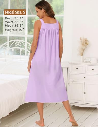 Image of SWOMOG Women's Cotton Nightgowns Sleeveless Night Gown Embroidery House Dress Soft Long Nightdress with Pockets
