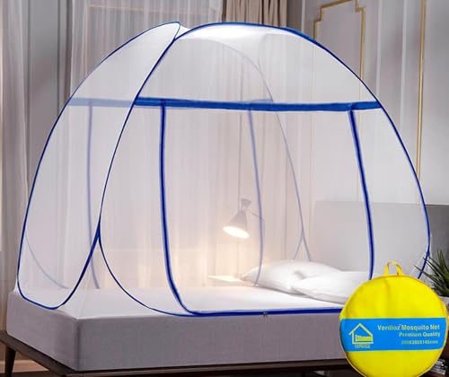 Image of VERDIOZ WITH DEVICE Double Bed Mosquito Net Machardani, King Size Mosquito Net Adult | Kids | Baby | Corrosion Free Steel Wire, 30 GSM Bright White Net with Saviour Kit -(Blue Zipper, Blue Border)