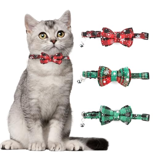 3Stk Weihnachten Katze Halsband Verstellbar, Rote Grüne Karierte Schneeflocken Katzenhalsbänder mit Fliege & Glocken Weihnachten Katzenkostüm...