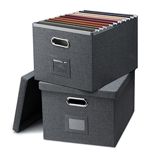 Graciadeco File Organizer, Collapsible Storage Filling Box with Lid for Letter Legal Size Hanging Folders Decorative Linen File Folder Box Document Storage Filing Bin, Dark Gray 2 Pack