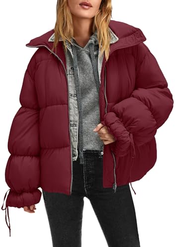 Panadila Womens Oversized Puffer Jacket Warm Winter Cozy Coats Casual Baggy Full Zip Up Puffer Coat with Pockets, Cherry Red, L